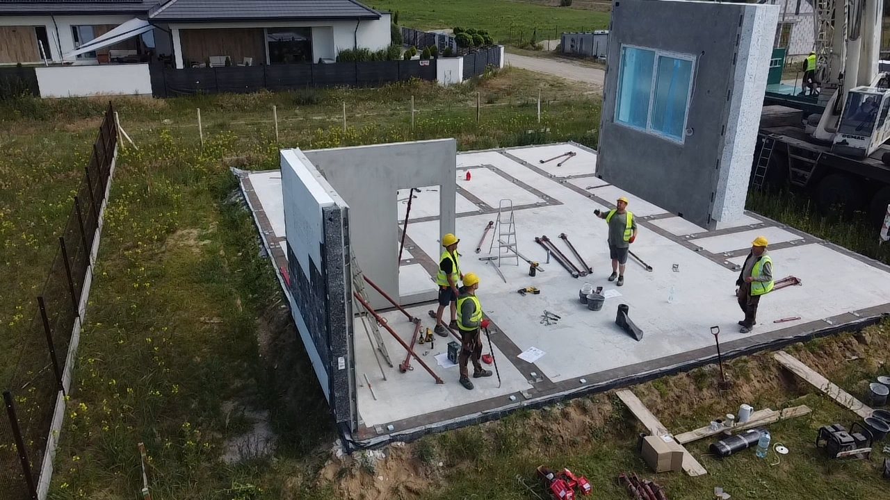 Pierwsze prefabrykowane ściany domu modułowego na płycie fundamentowej, realizacja Tulio